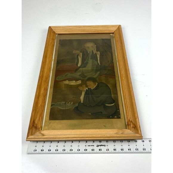 Antique Japanese Woodblock Framed Print Of Two Monks Sewing Keijo 25inL x 16inW - Picture 6 of 7